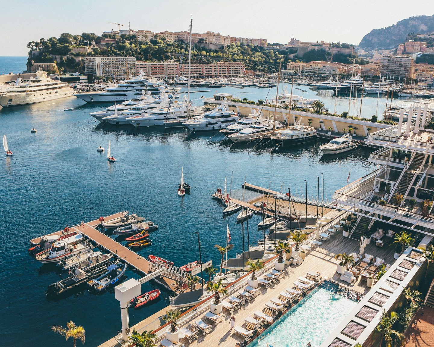 Yachts moored in Port Hercule, Monaco, seen from above